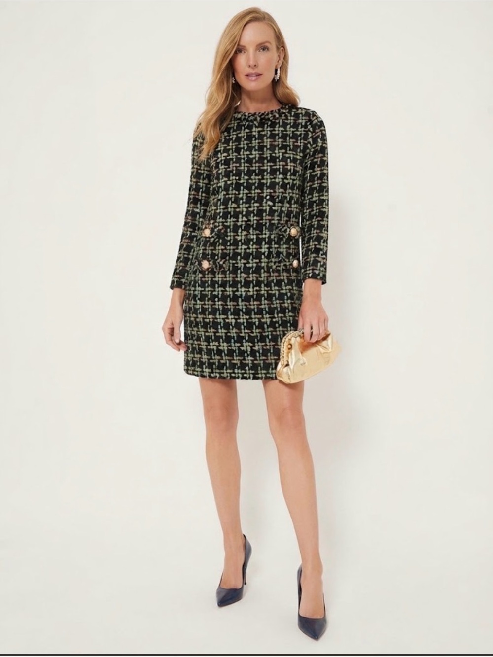 Tuckernuck Holly Tinsel Black Plaod Tweed Jackie Long-Sleeve Shift Dress